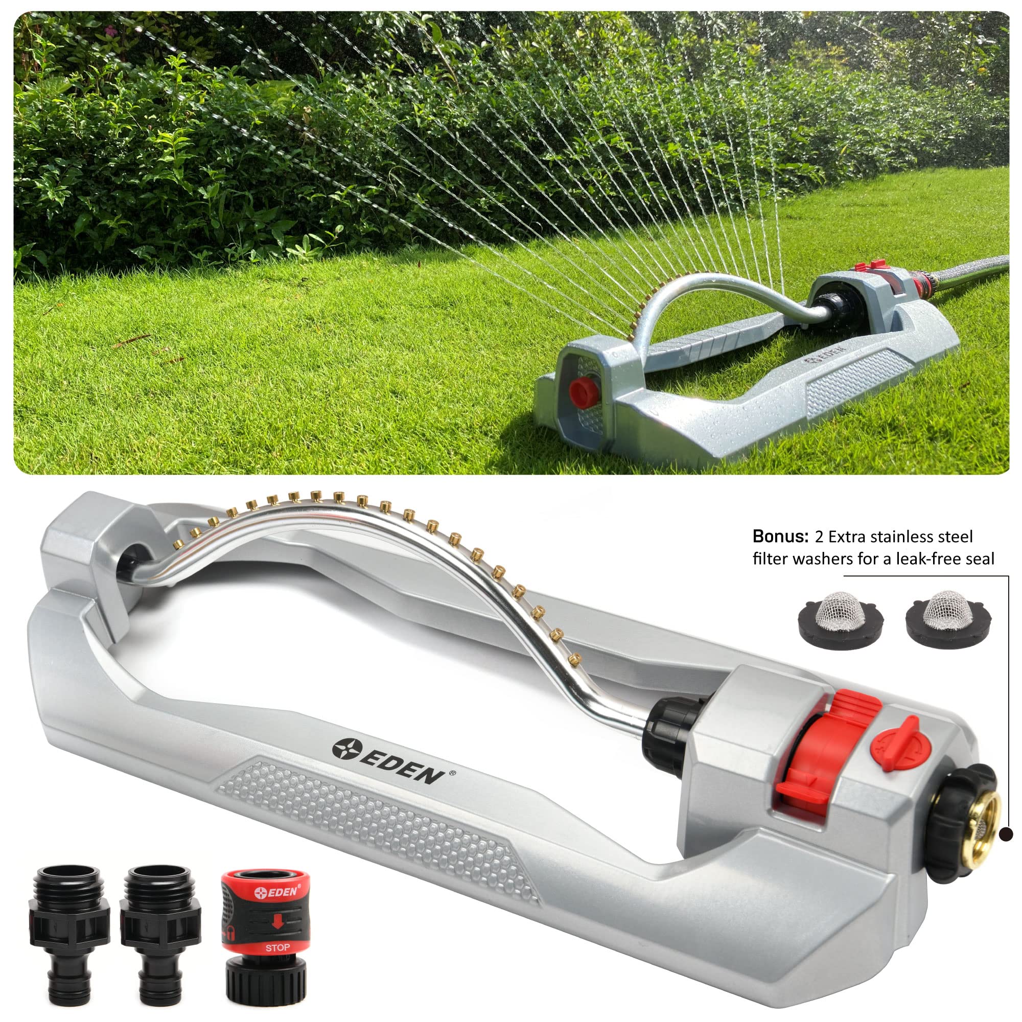 Eden Metal 2-Way Oscillating Sprinkler showing brass nozzles