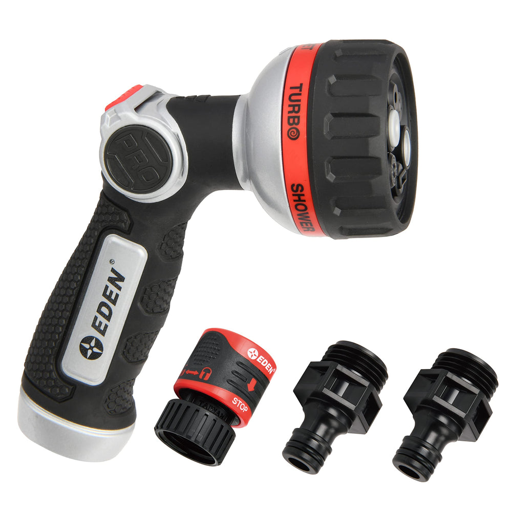 Eden Metal 6-Pattern Hose Nozzle front view with thumb control