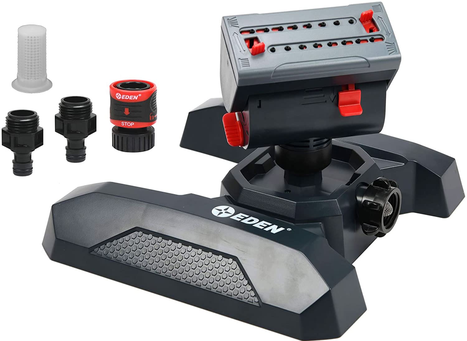 Eden Mini Turbo Oscillating Sprinkler front view with adjustable nozzles