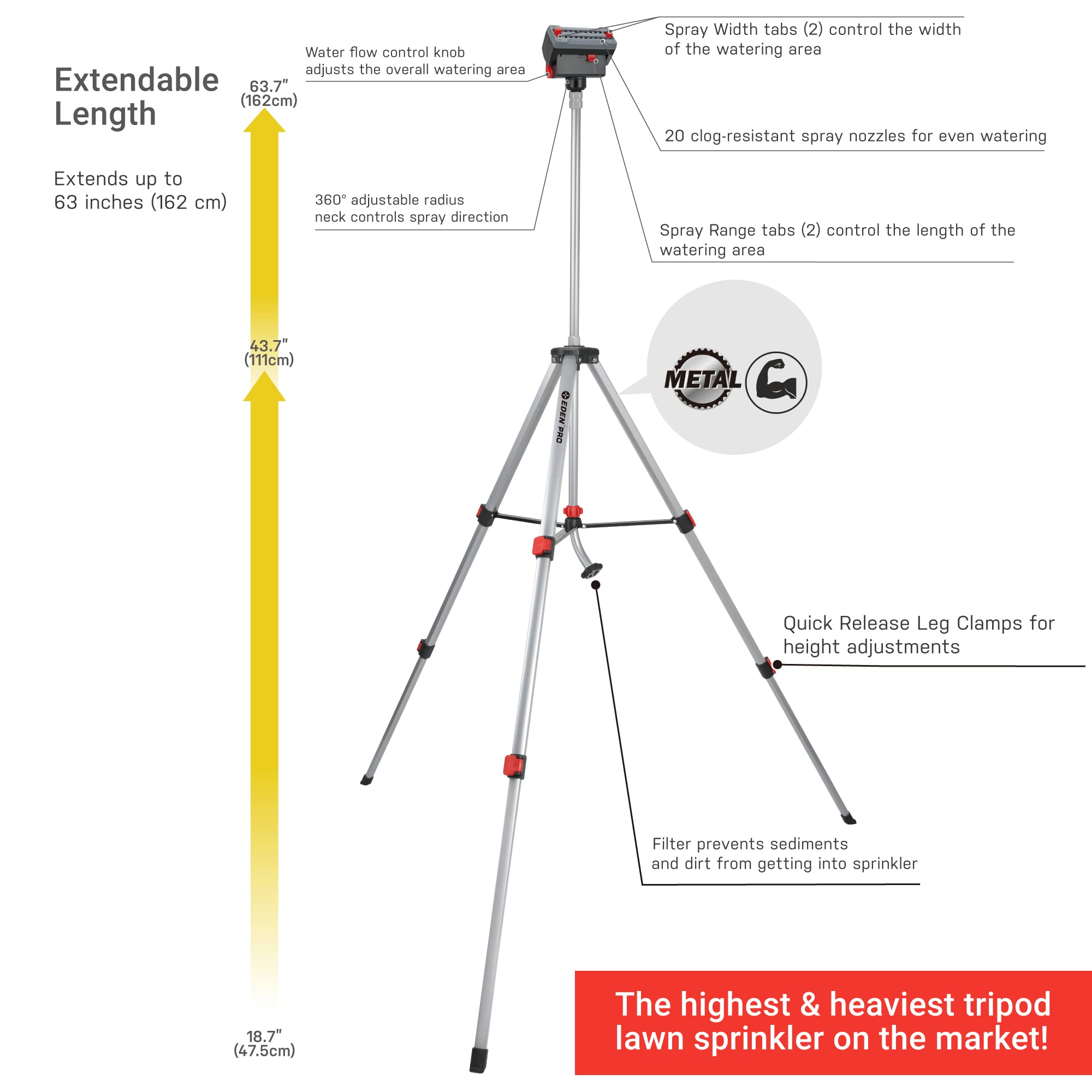 Eden PRO Heavy Duty Metal Tripod Sprinkler in a garden setting