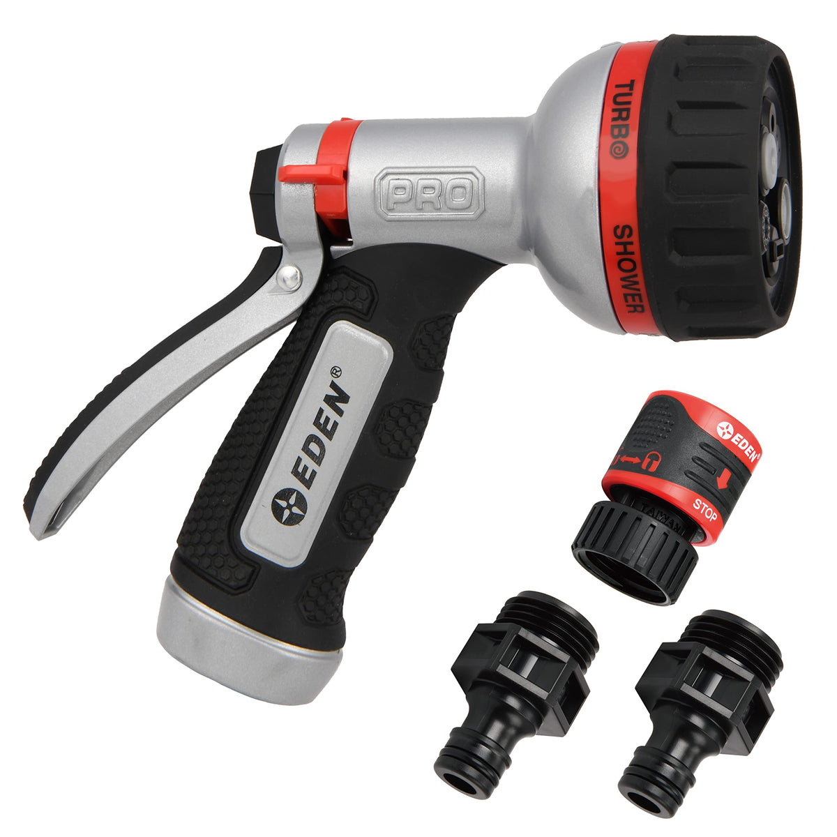 Eden PRO Metal Hose Nozzle front view with six spray patterns