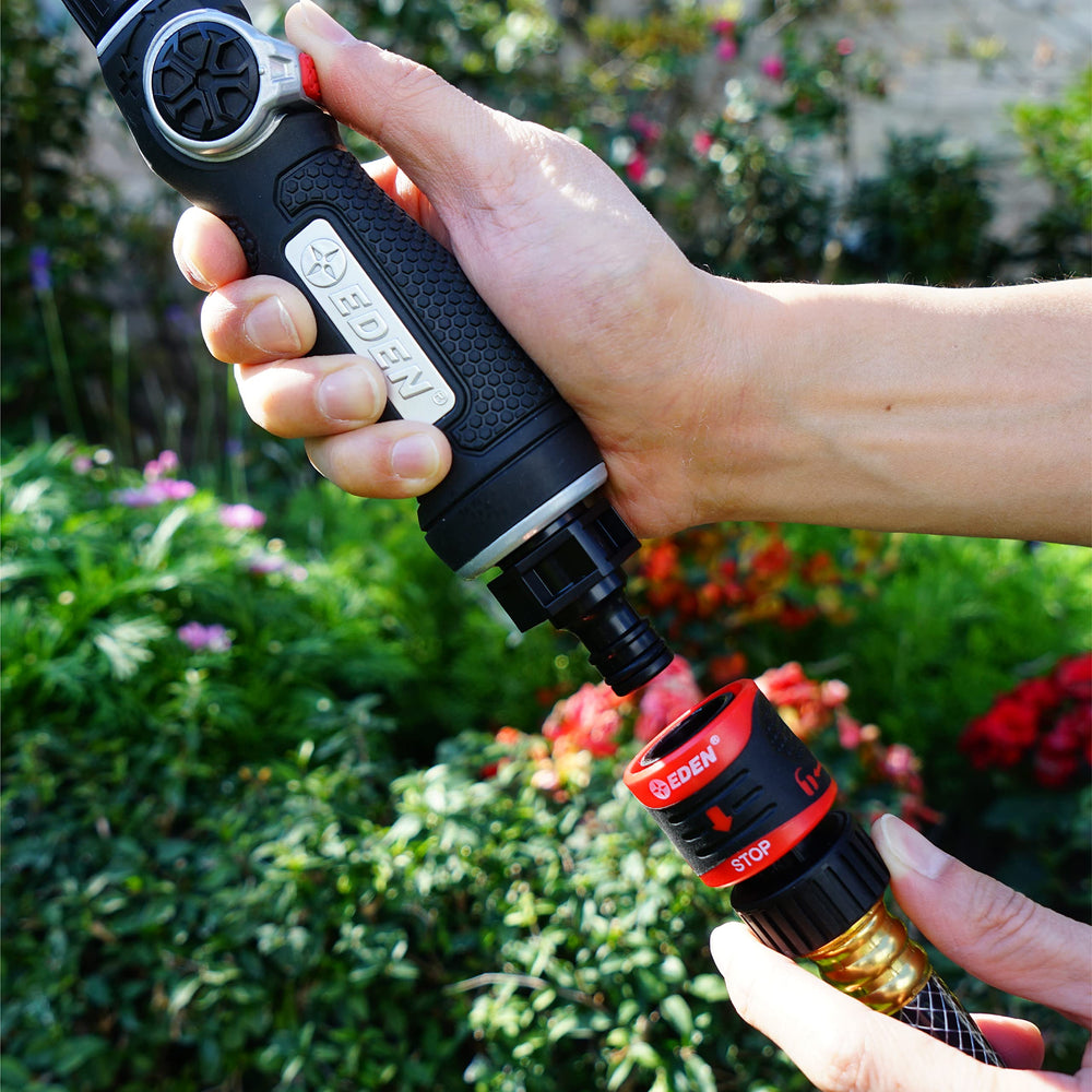 Eden Quick Connect connectors in use on a garden hose