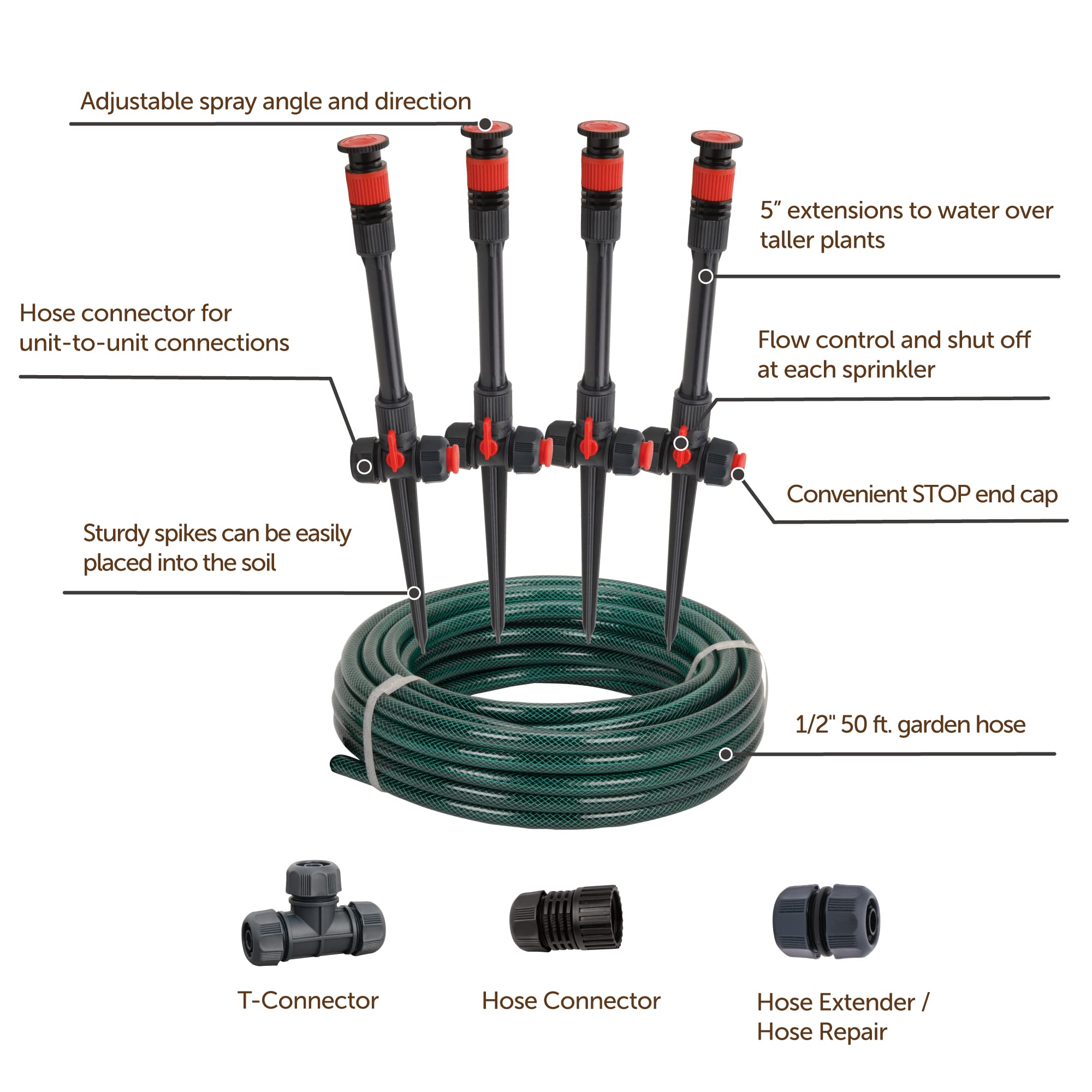 Eden sprinkler system installation with riser extensions in garden
