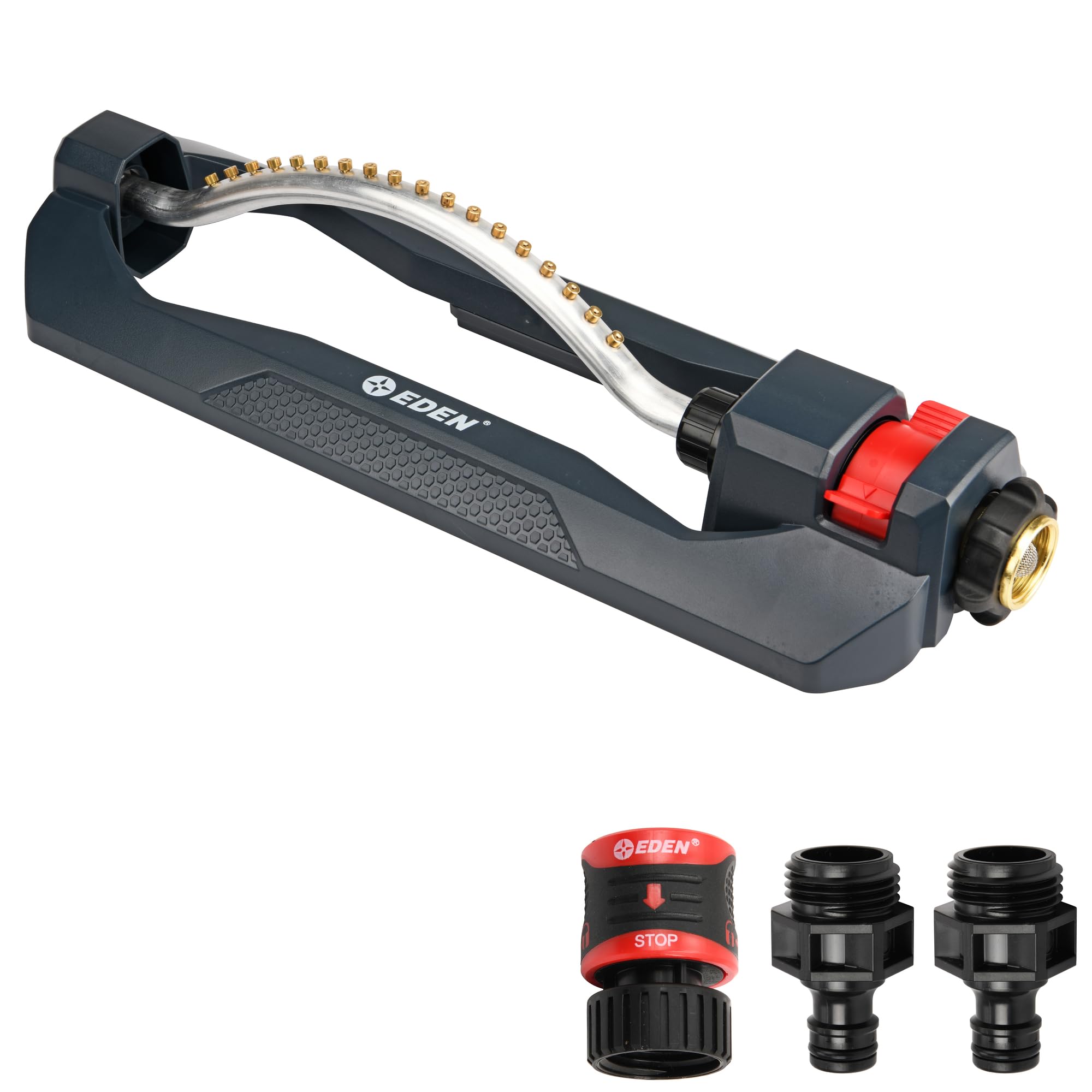 Eden Turbo Oscillating Sprinkler front view with brass nozzles