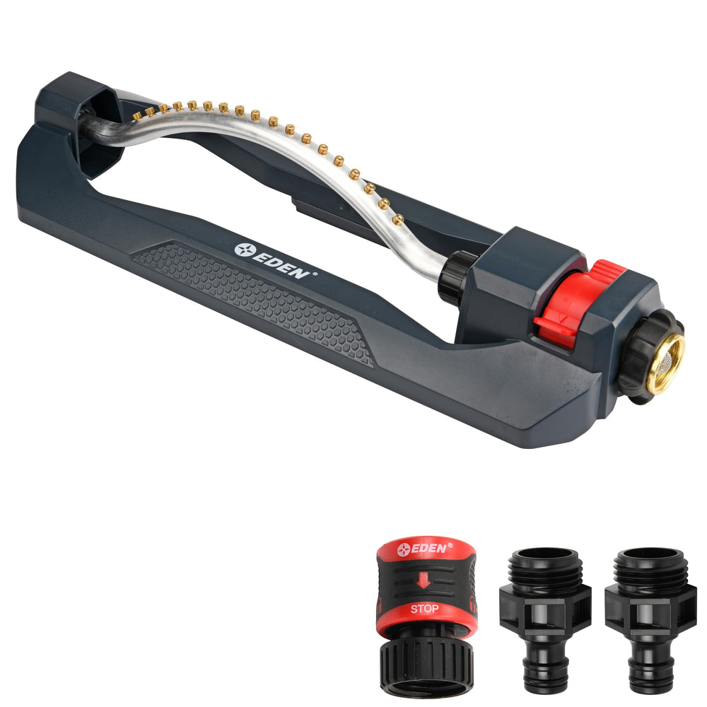 Eden Turbo Oscillating Sprinkler front view with brass nozzles