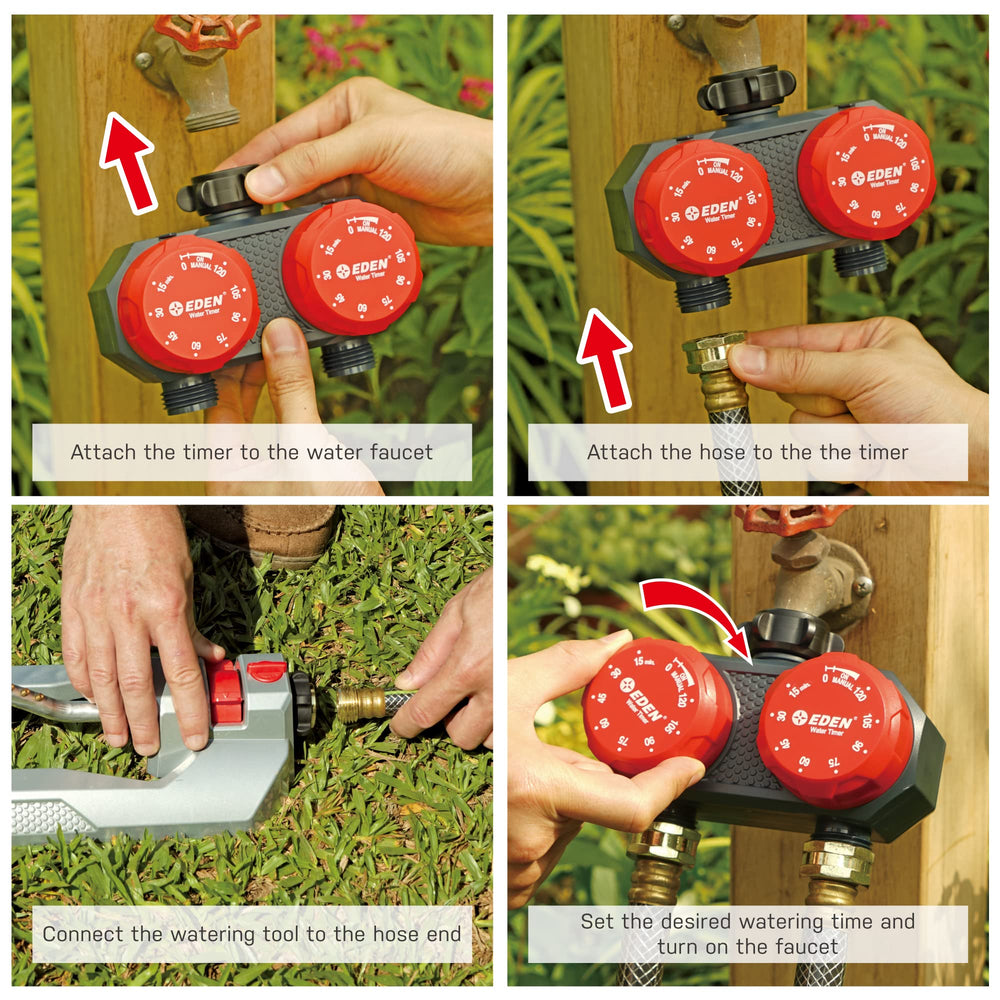 Eden Watering Timer attached to a faucet with hoses