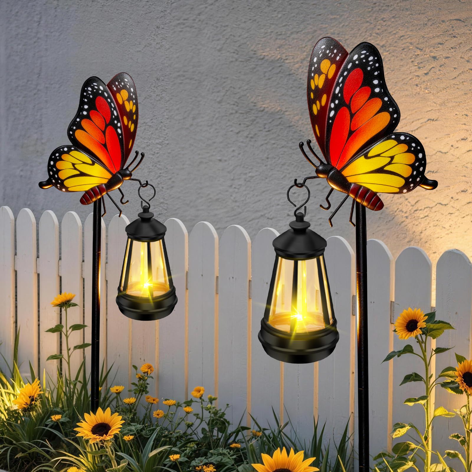 EDOF solar butterfly stake illuminated at night