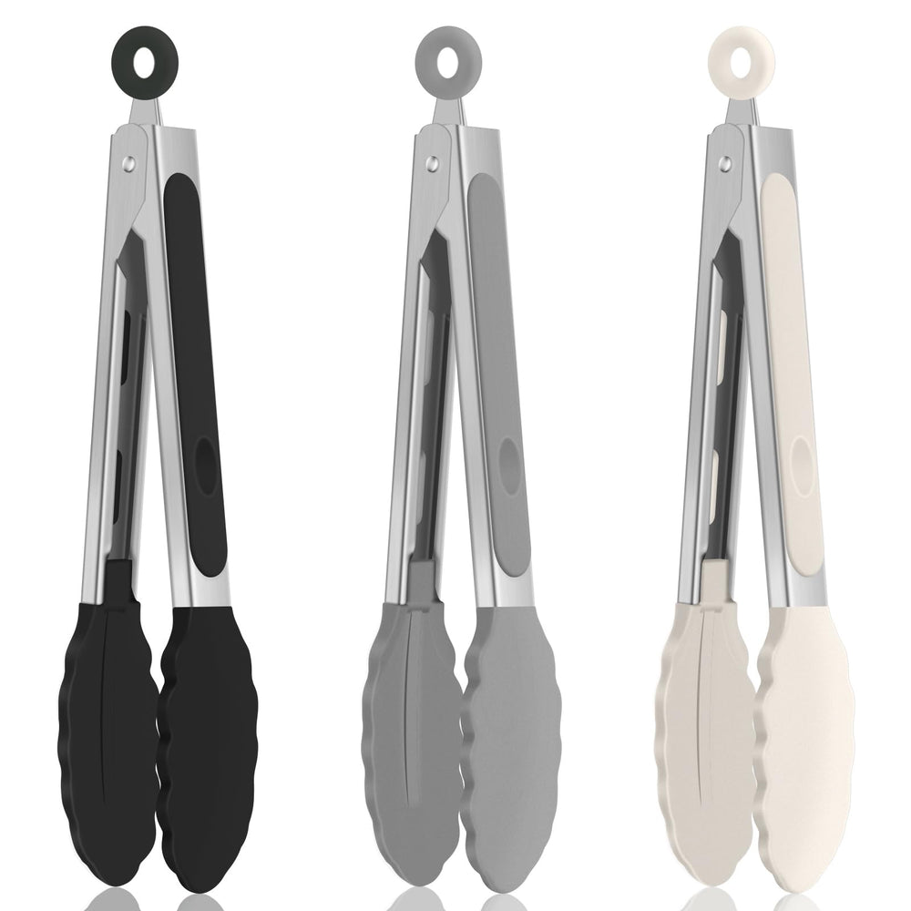 EEKEDO 7-inch mini silicone tongs in black, gray, and white