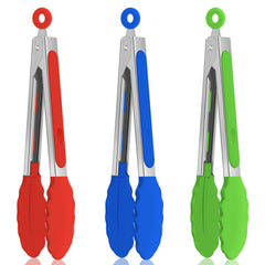 EEKEDO 7-inch mini silicone tongs in red, green, and blue
