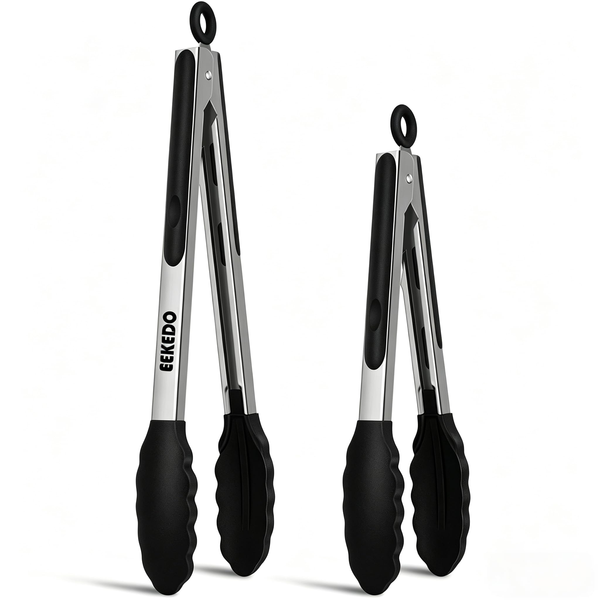 EEKEDO 9-inch stainless steel tongs with silicone tips front view