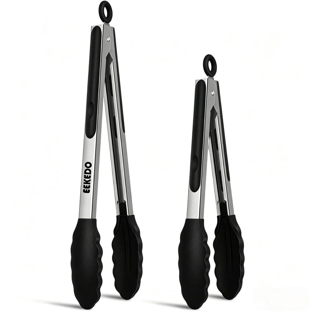 EEKEDO 9-inch stainless steel tongs with silicone tips front view