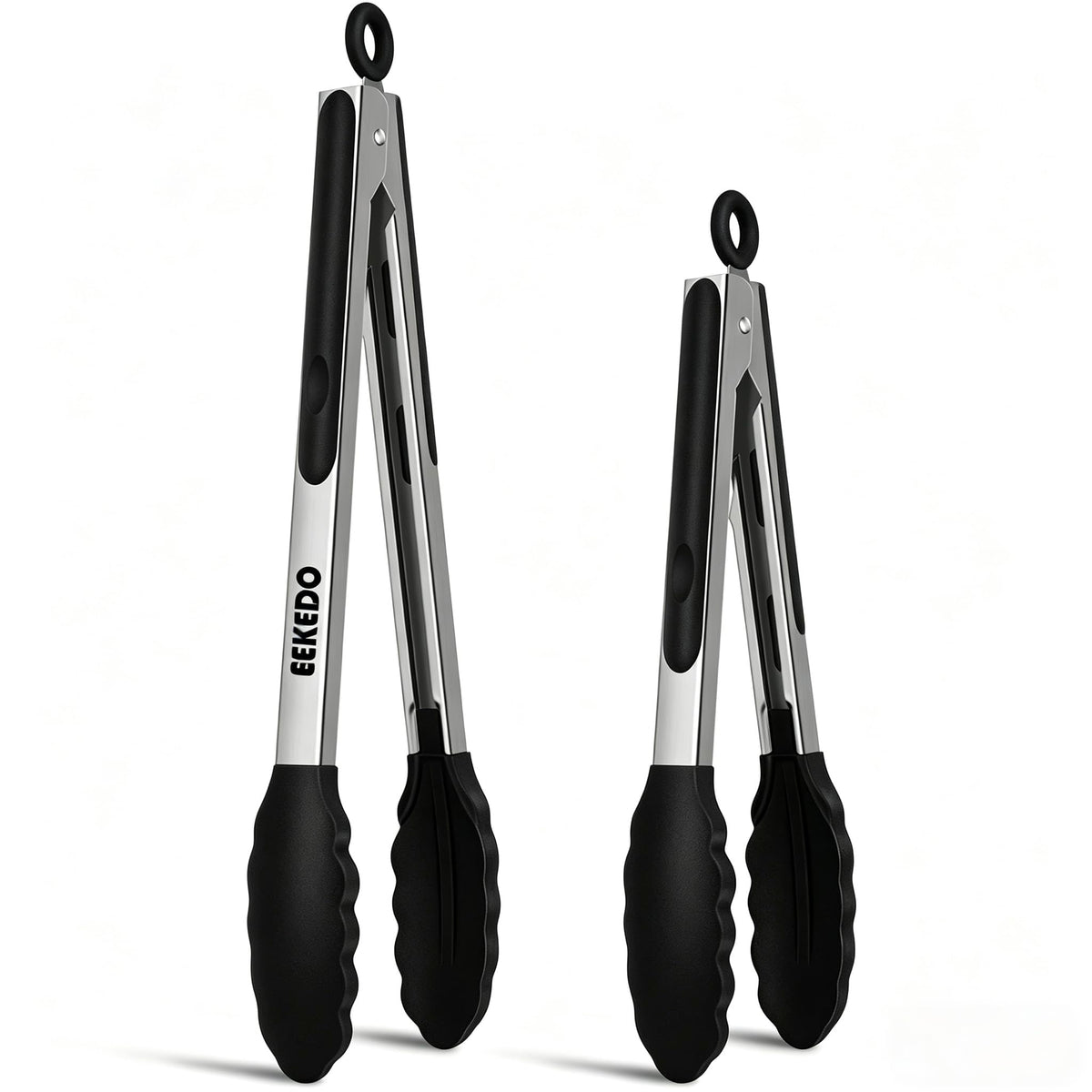 EEKEDO 9-inch stainless steel tongs with silicone tips front view
