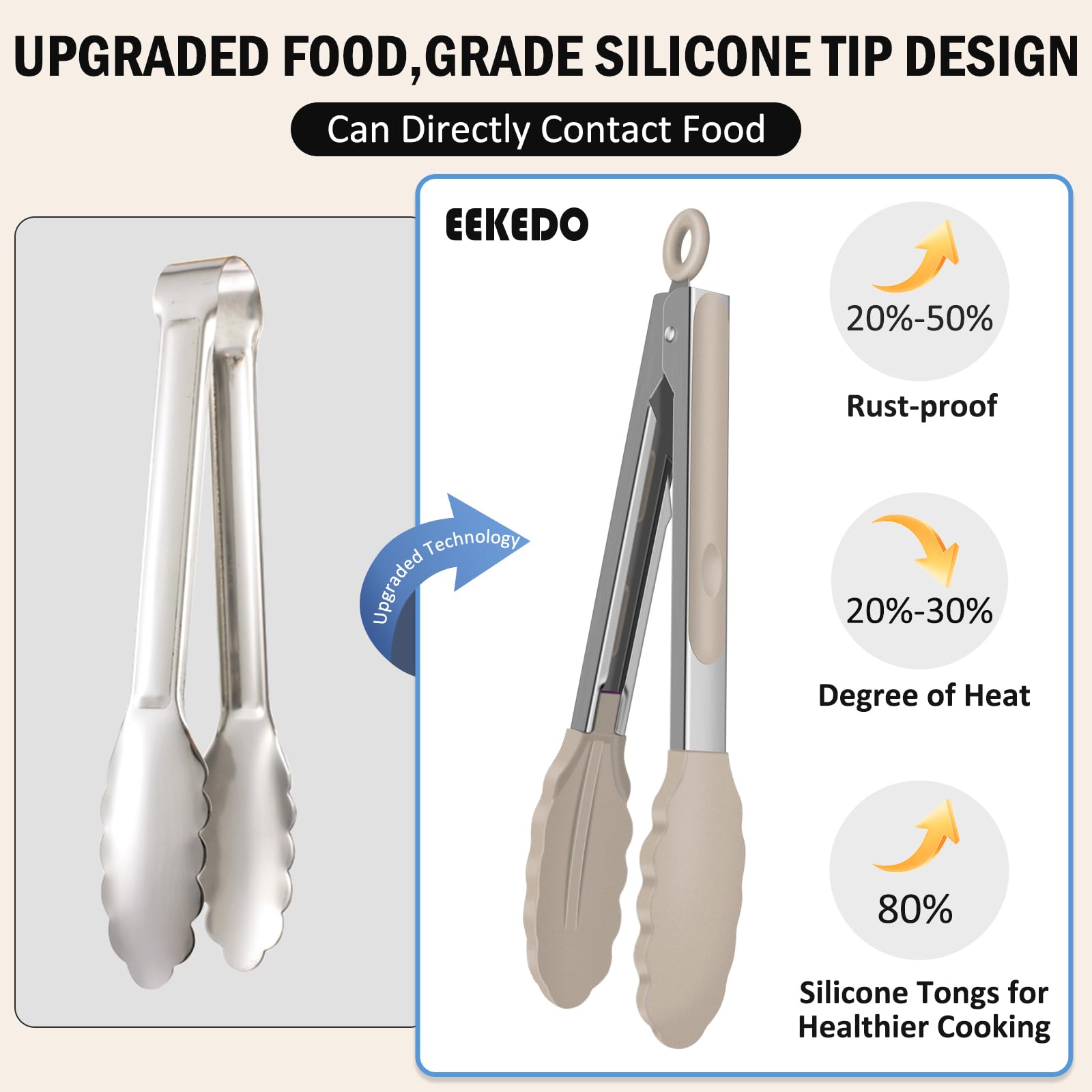 EEKEDO Kitchen Tongs 12 inch stainless steel with silicone tips