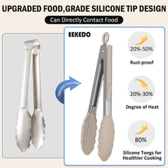 EEKEDO Kitchen Tongs 12 inch stainless steel with silicone tips