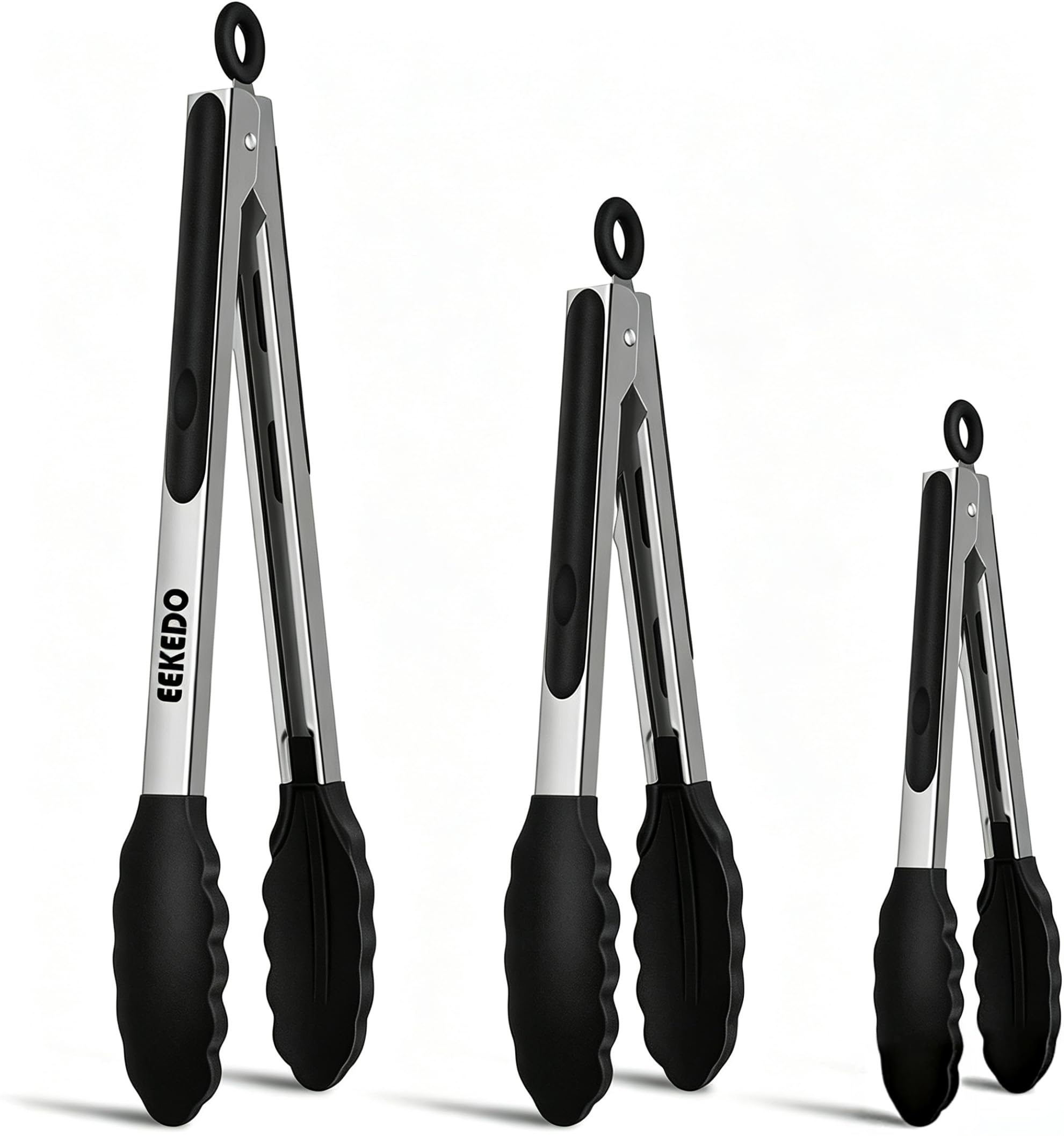 EEKEDO Kitchen Tongs 7-inch, 9-inch and 12-inch set in black