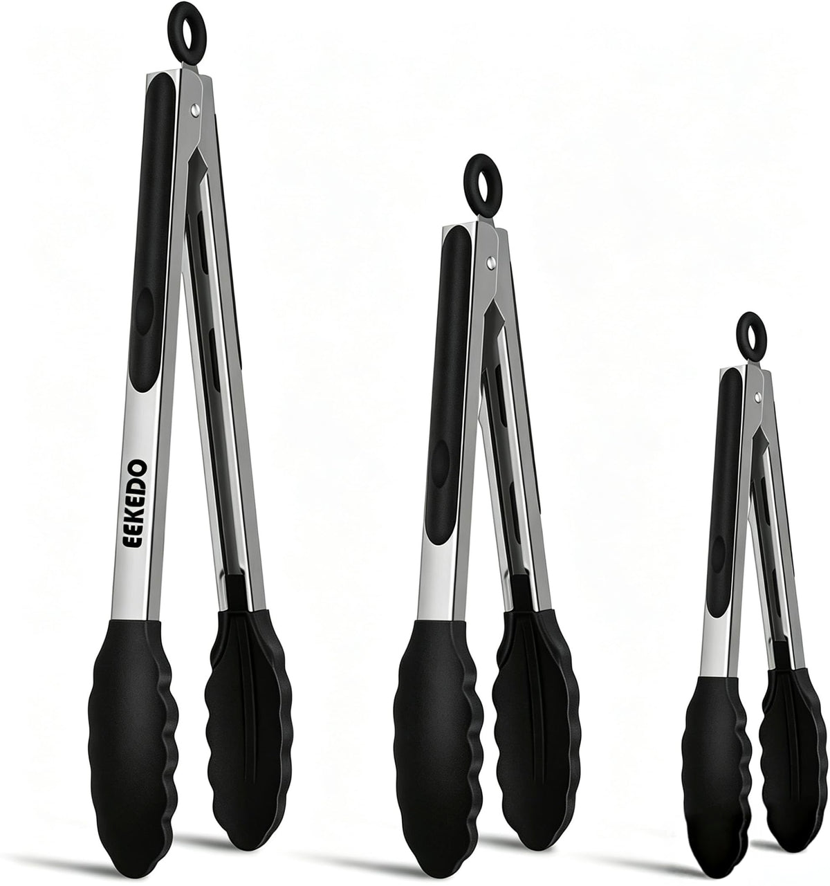 EEKEDO Kitchen Tongs 7-inch, 9-inch and 12-inch set in black