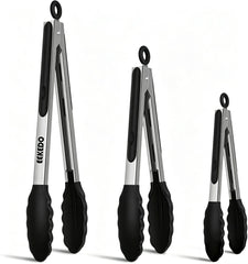 EEKEDO Kitchen Tongs 7-inch, 9-inch and 12-inch set in black