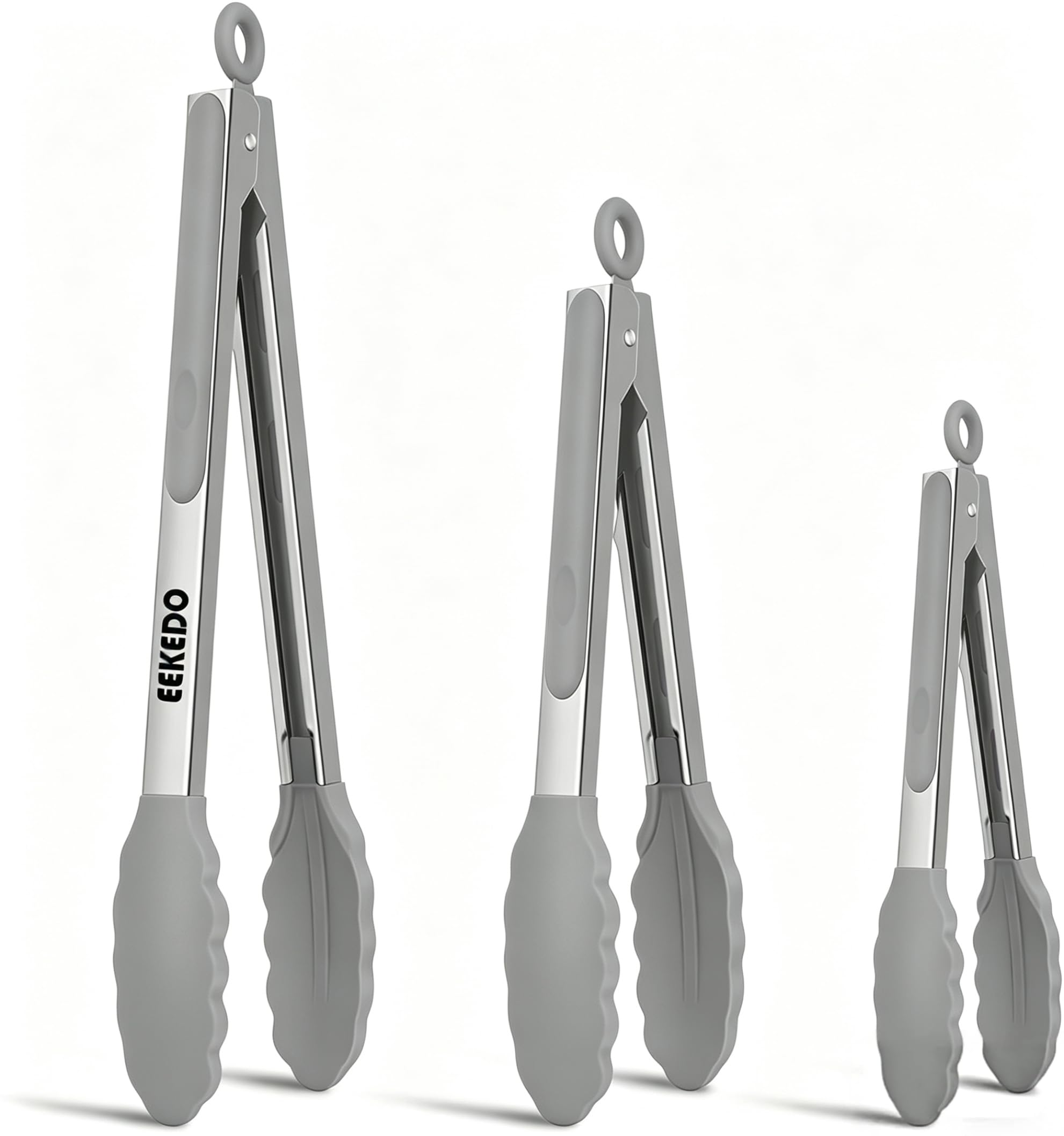 EEKEDO Kitchen Tongs Set, 7, 9, and 12 inches in light grey