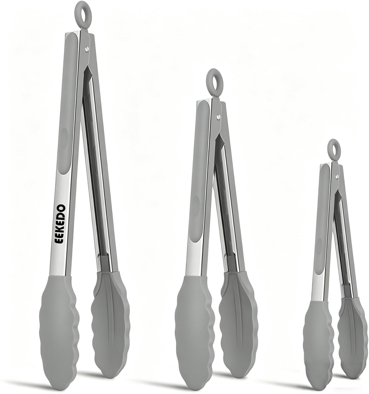 EEKEDO Kitchen Tongs Set, 7, 9, and 12 inches in light grey