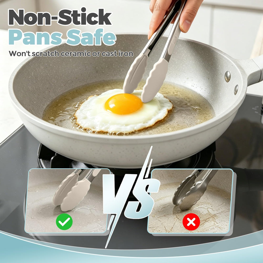 EEKEDO tongs in action flipping bacon in a frying pan