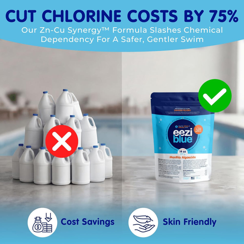 Eeziblue Pool Algaecide packaging with pool water background