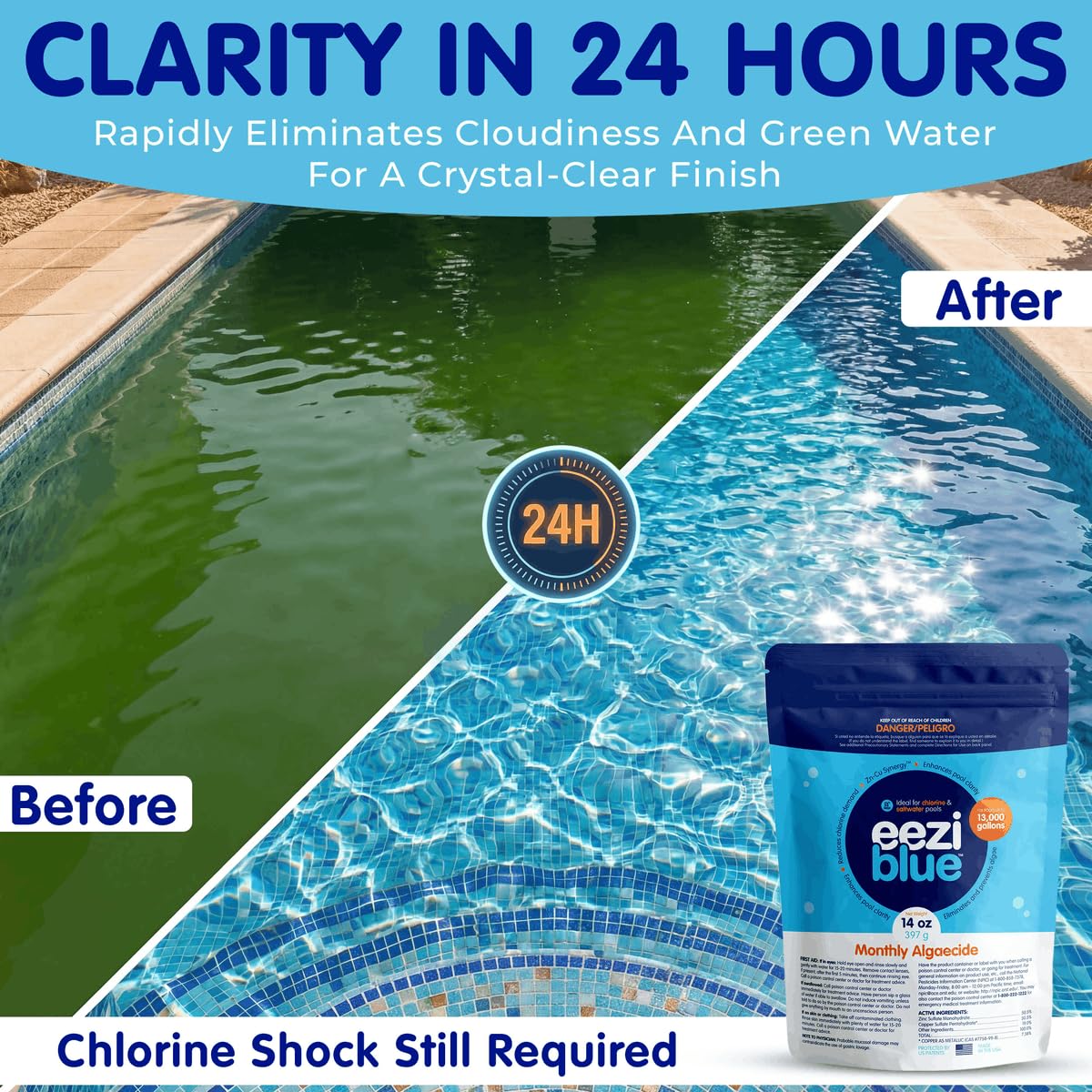 Eeziblue Pool Algaecide powder in a measuring scoop