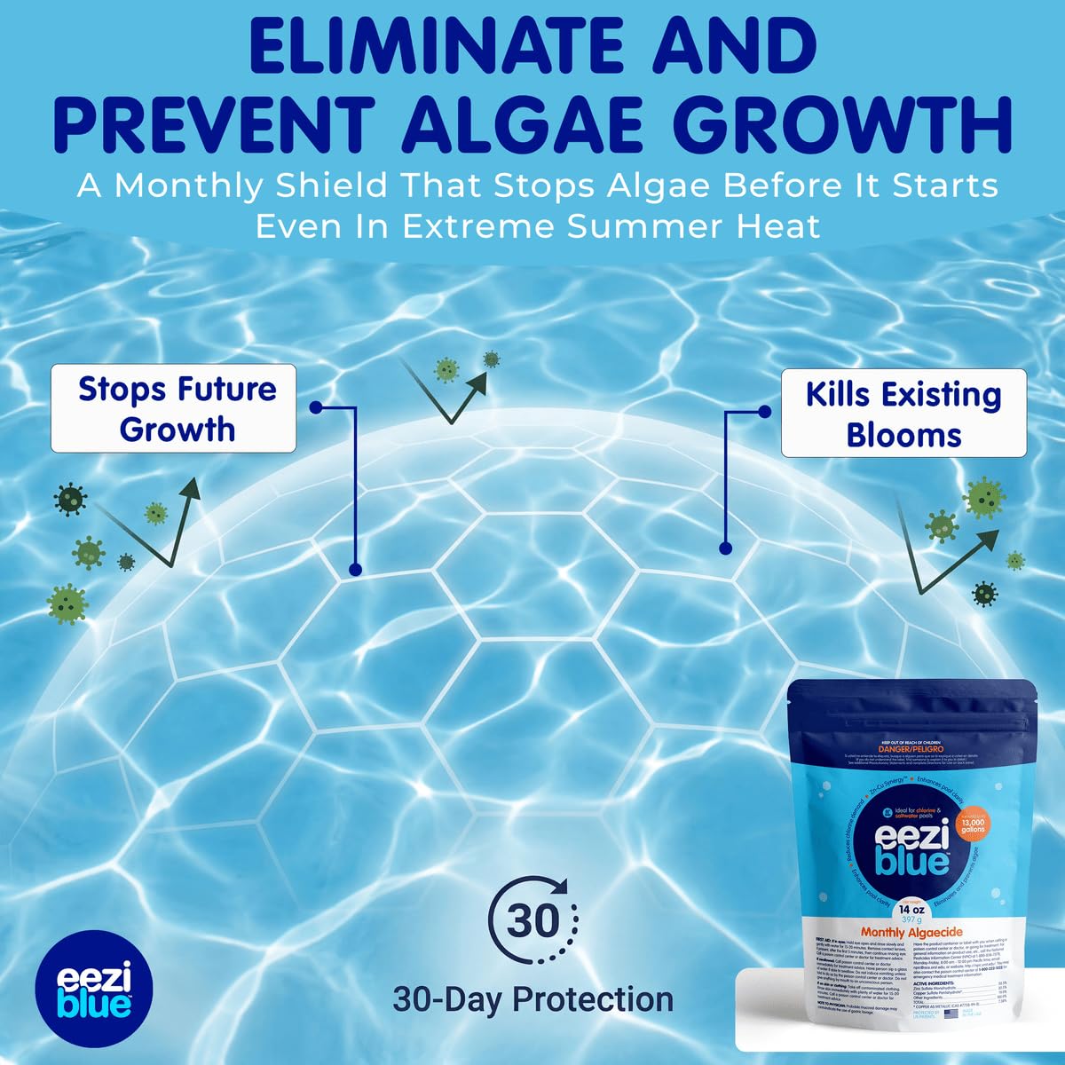 Eeziblue Pool Algaecide powder instructions on the back
