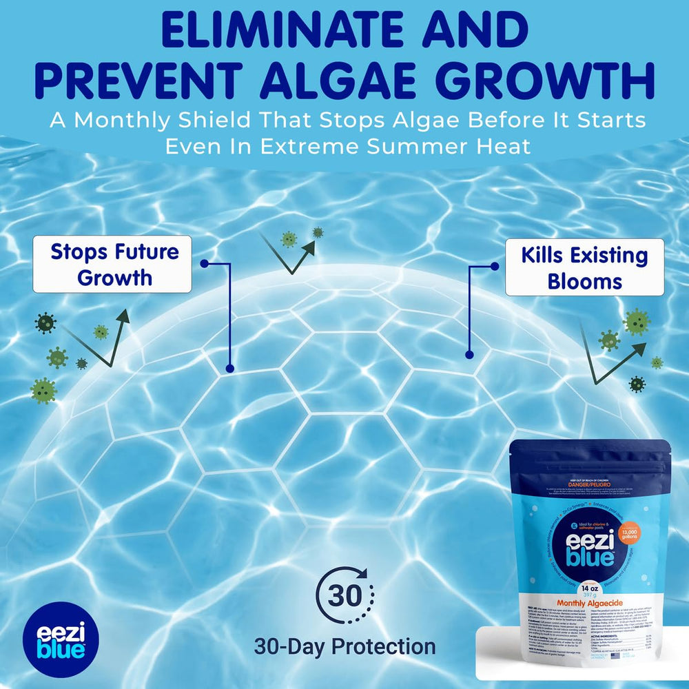 Eeziblue Pool Algaecide powder instructions on the back