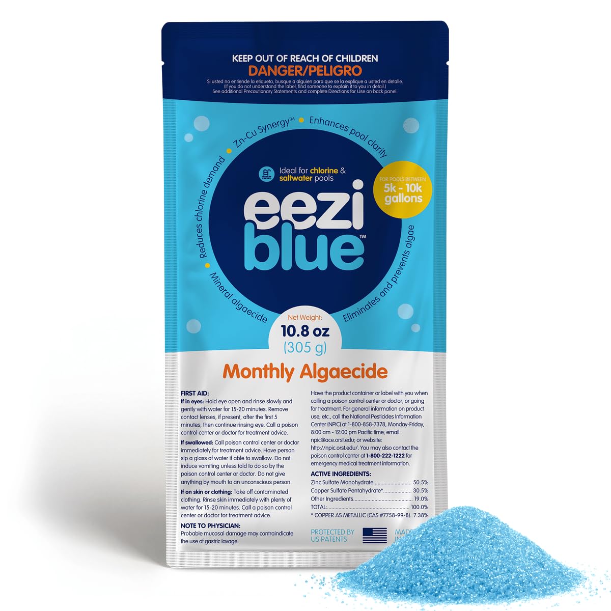 Eeziblue Pool Algaecide powder packaging front view