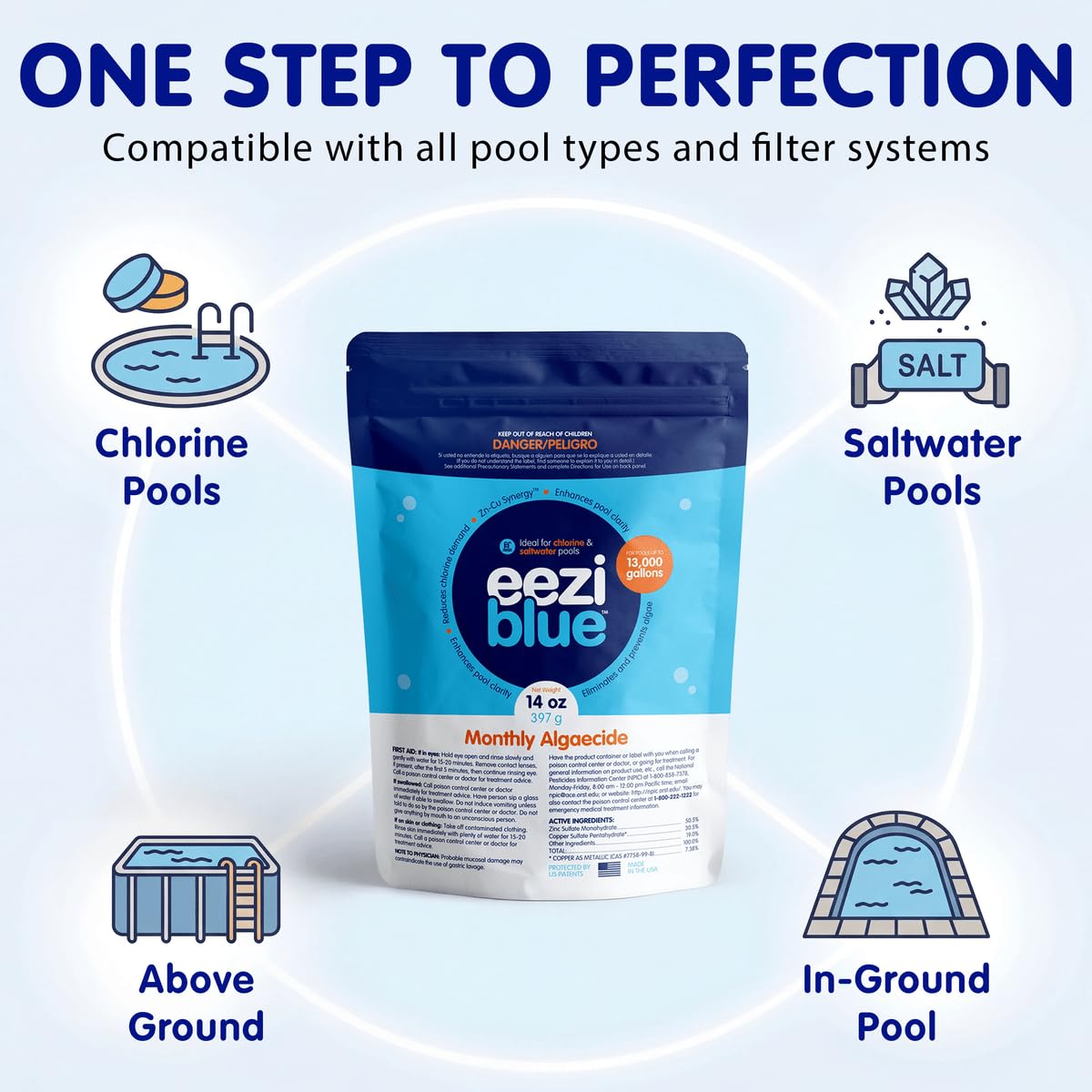 Eeziblue Pool Algaecide showing powder form