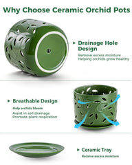 EFISPSS Ceramic Orchid Pot set with tray and drainage features