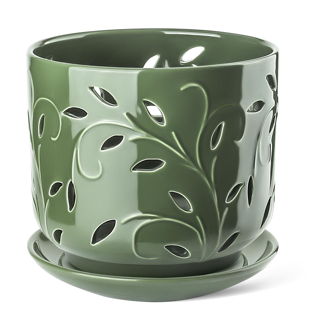 EFISPSS Orchid Pot 7 Inch Green with drainage tray