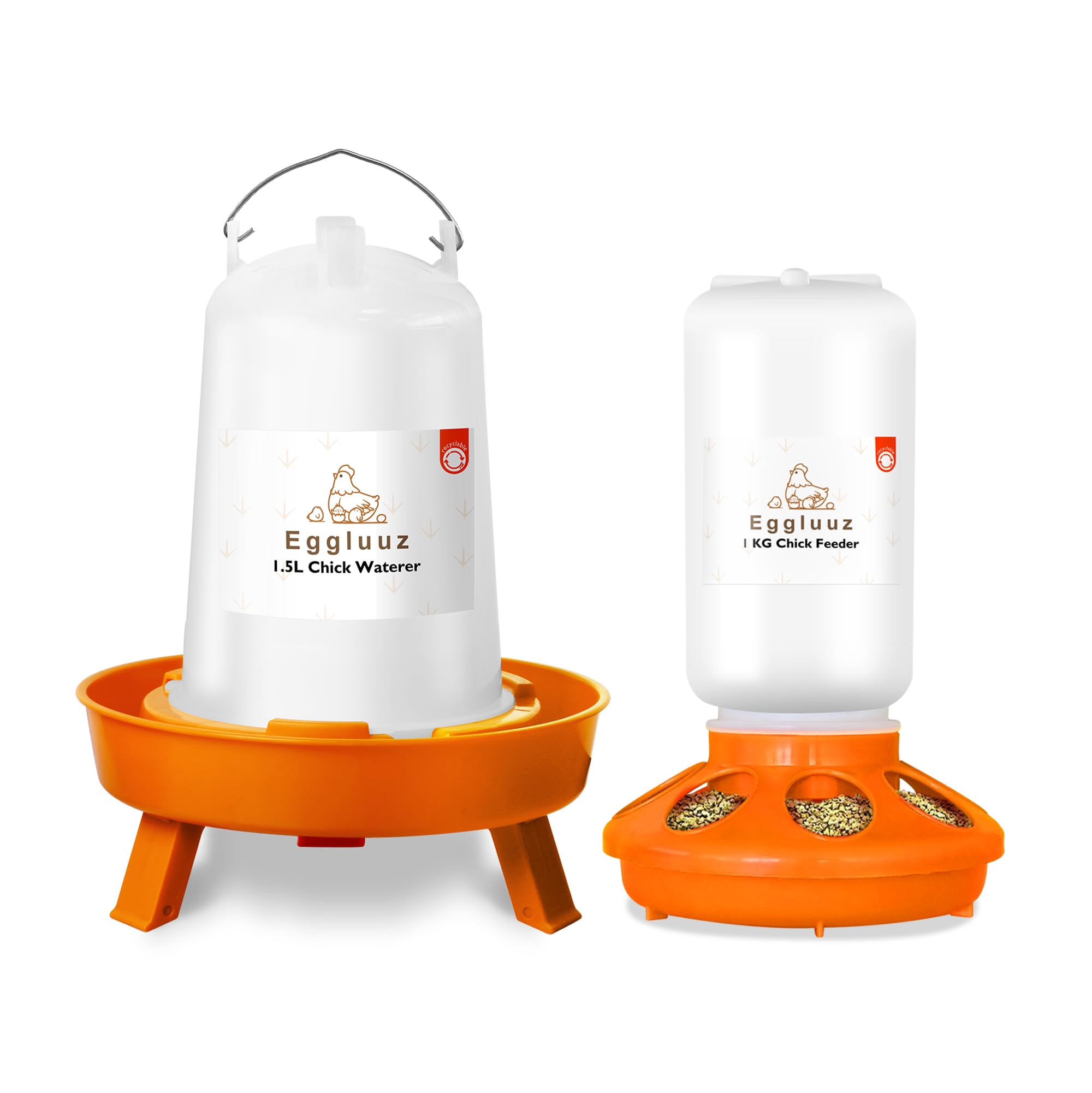 Eggluuz Chick Feeder and Waterer Kit front view with adjustable legs