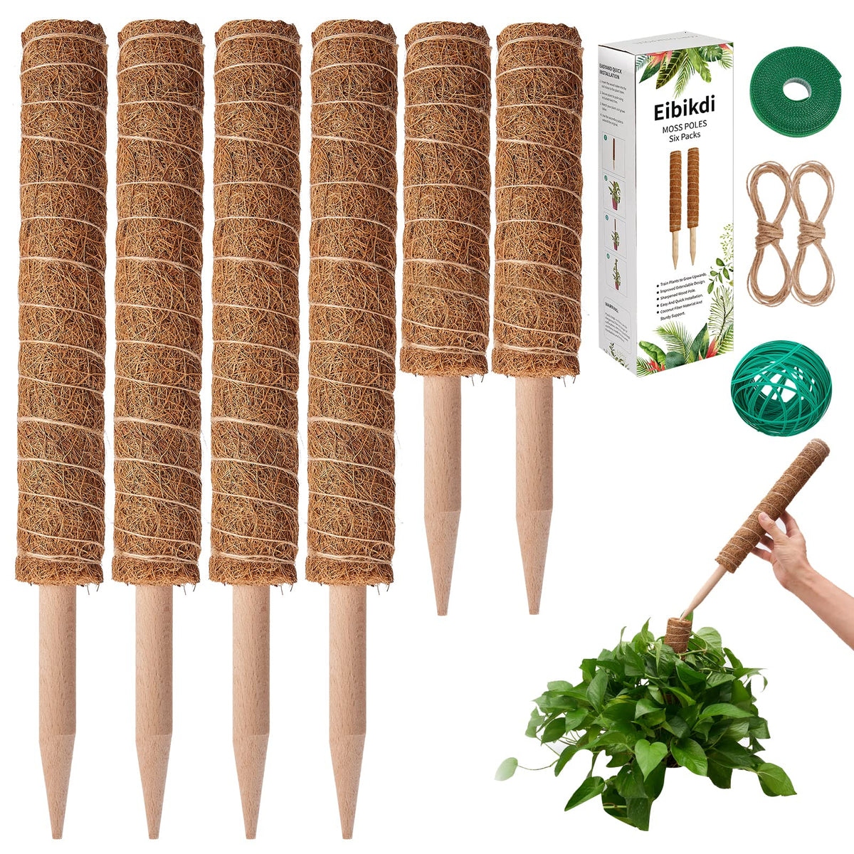 Eibikdi moss pole 68in brown model front view with plants