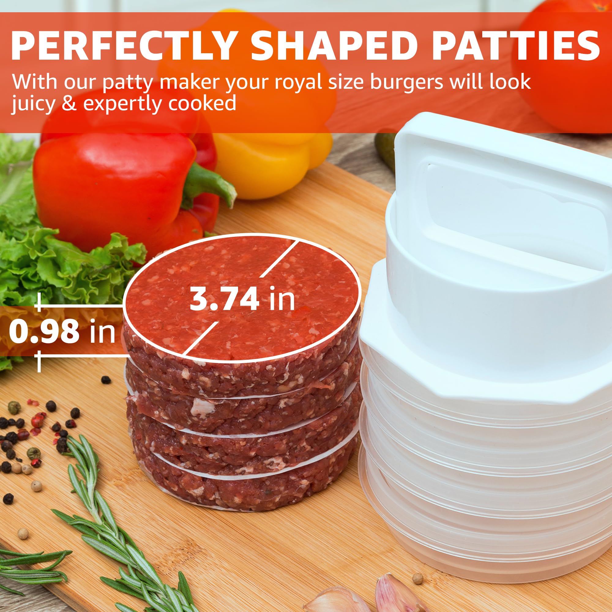 Eight hamburger patty storage containers stacked