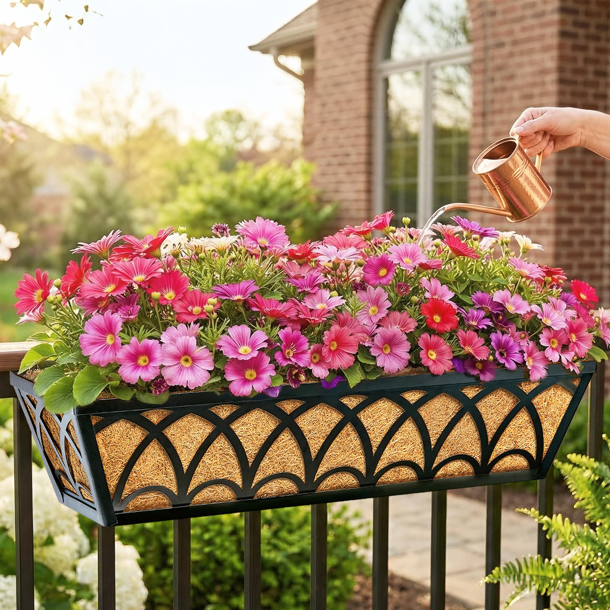 EINYEXW 24 Inch Railing Planter Box filled with vibrant flowers