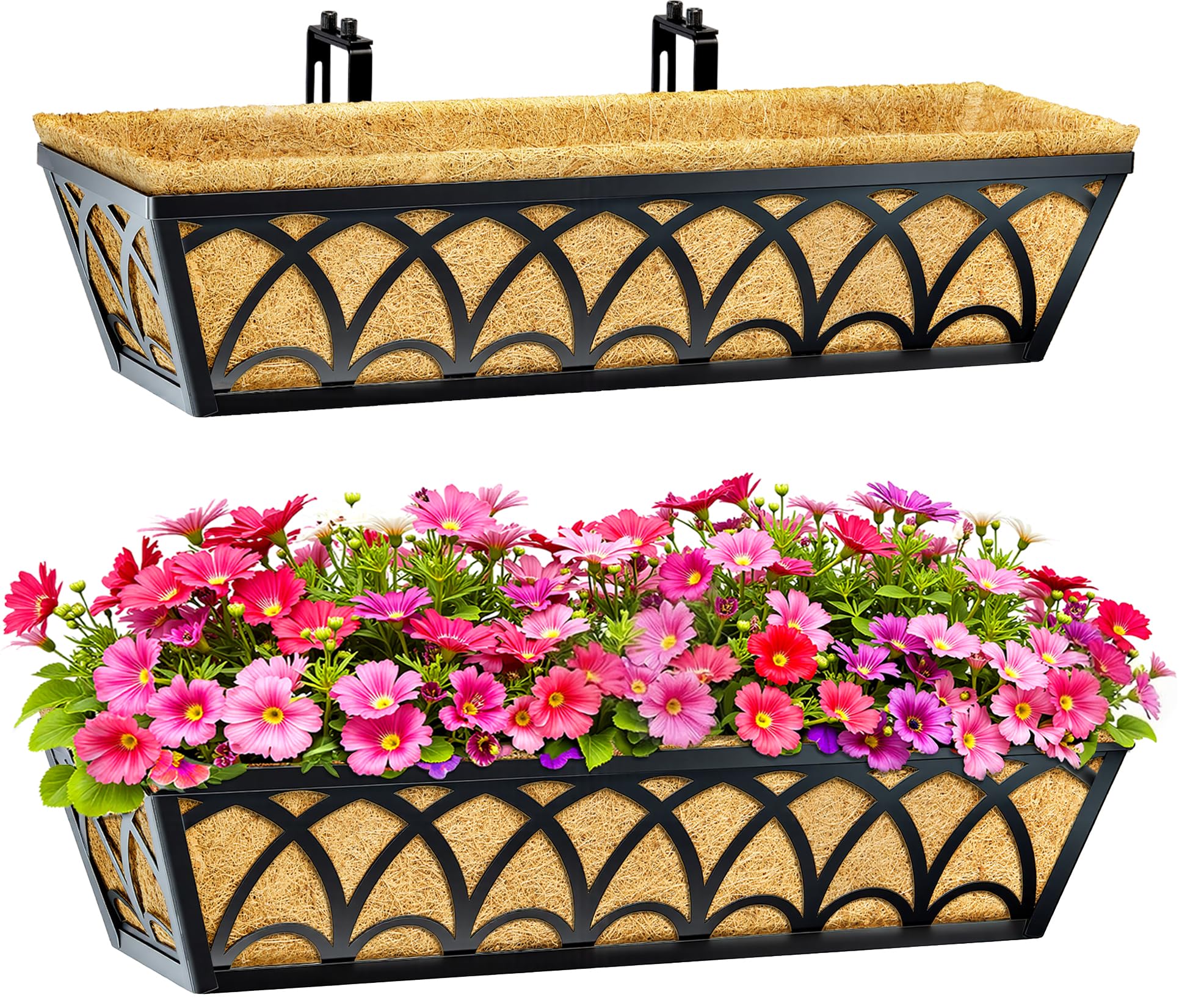 EINYEXW 24 Inch Railing Planter Box front view with coco liners