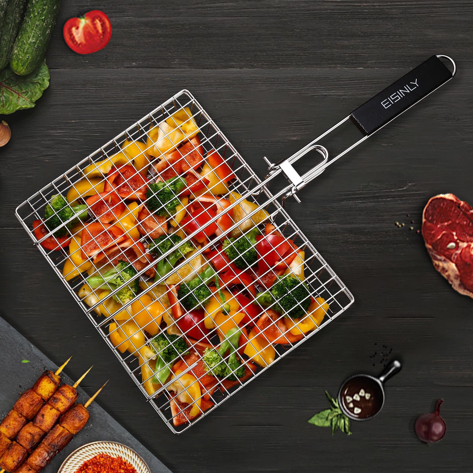 Eisinly BBQ Grilling Basket alongside its storage bag