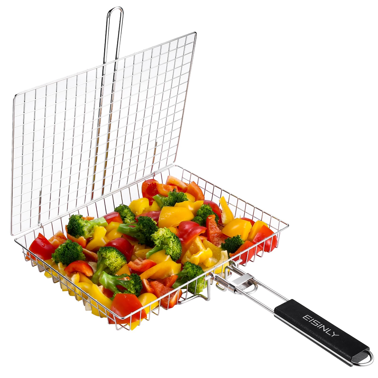 Eisinly BBQ Grilling Basket front view, silver stainless steel