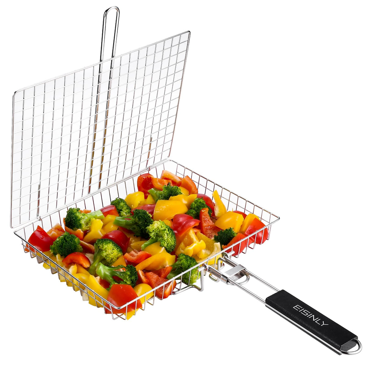 Eisinly BBQ Grilling Basket front view, silver stainless steel