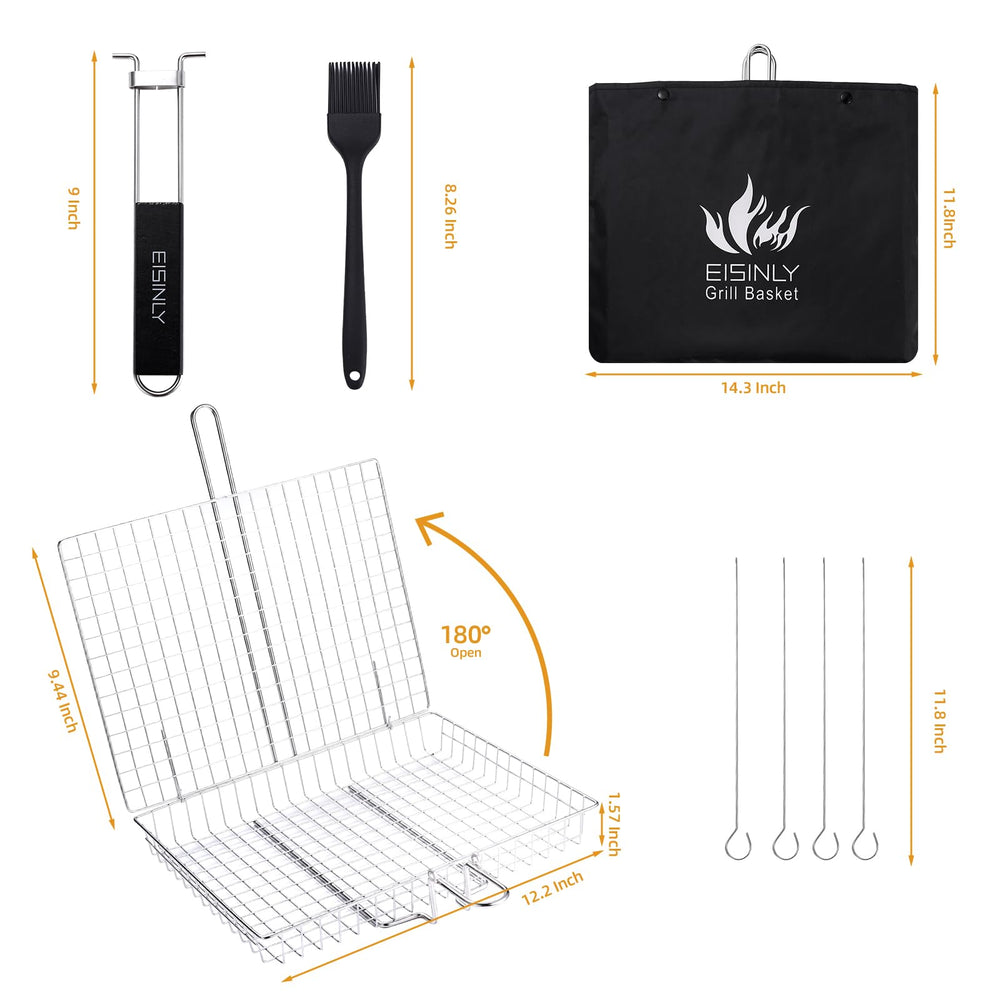 Eisinly BBQ Grilling Basket with included grill brush and skewers