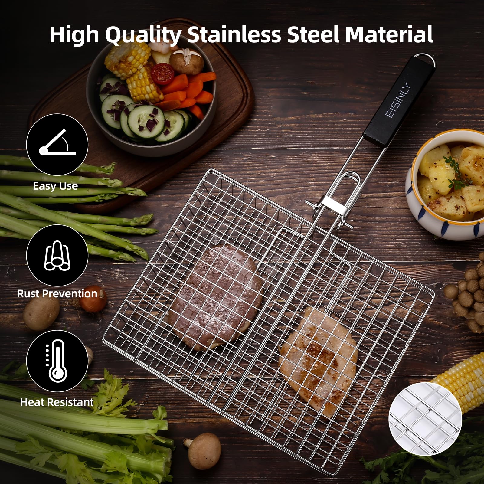 Eisinly BBQ Grilling Basket with removable wooden handle
