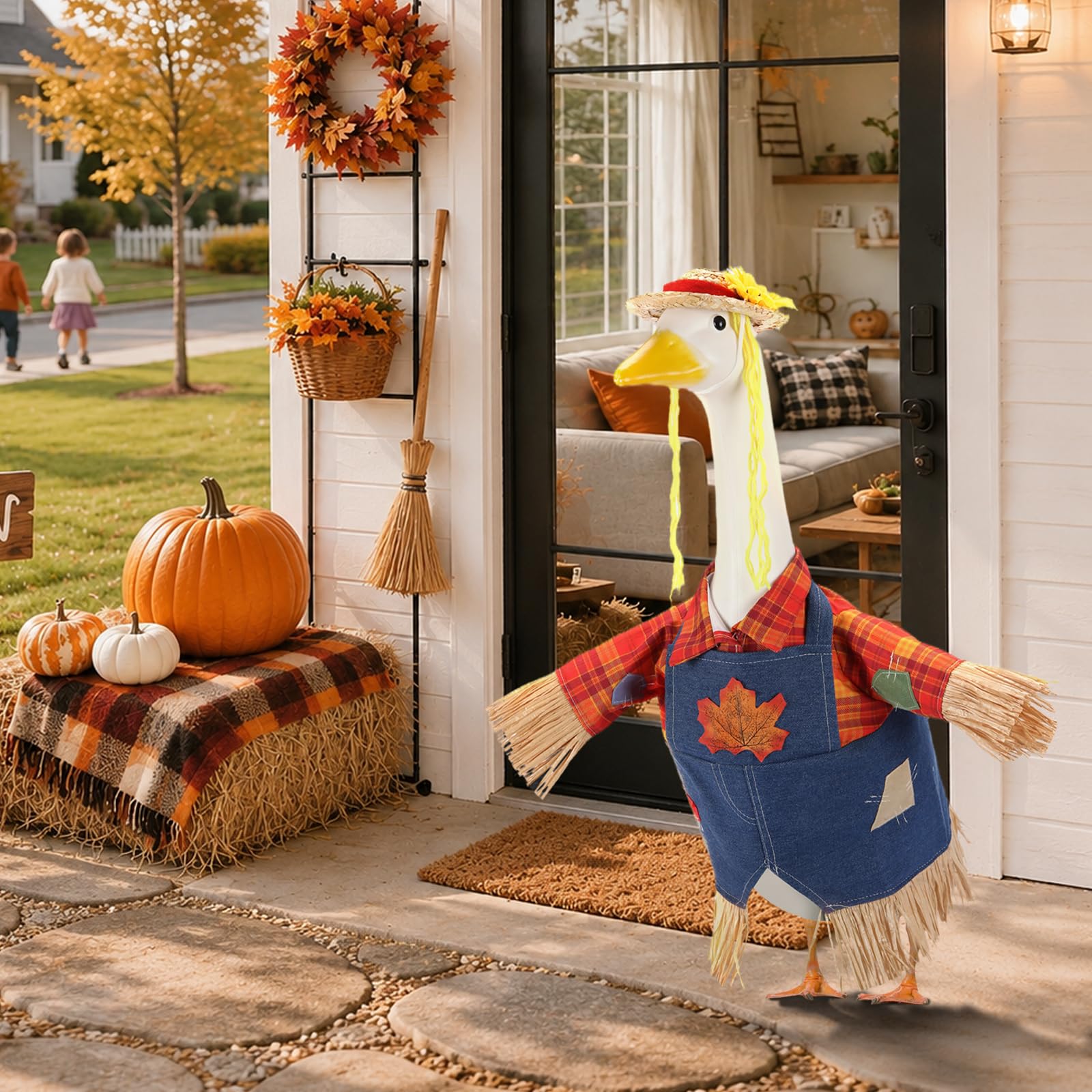 EKOREST Fall Scarecrow outfit displayed on a 23 inch goose statue