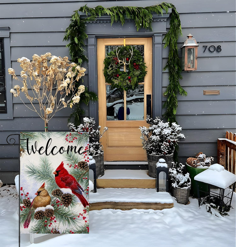 EKOREST Welcome Christmas Garden Flag displayed on a porch