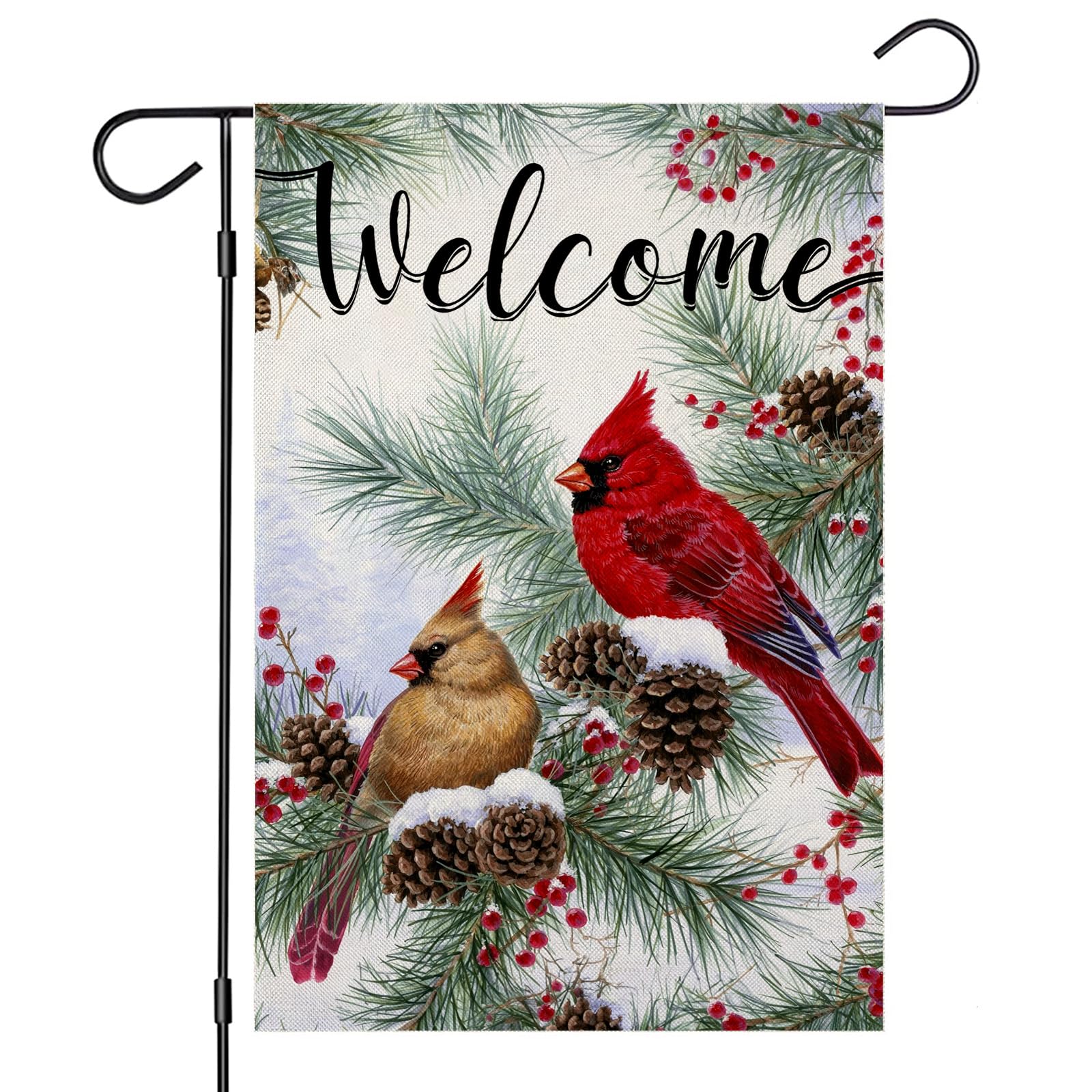 EKOREST Welcome Christmas Garden Flag front view with winter cardinal design