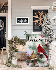 EKOREST Welcome Christmas Garden Flag in outdoor garden setting
