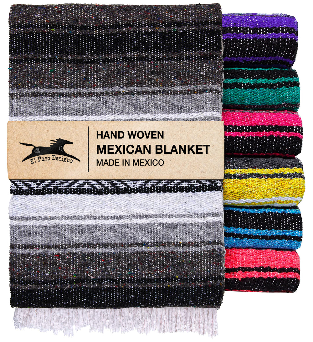 El Paso Designs Mexican Yoga Blanket front view in black and gray
