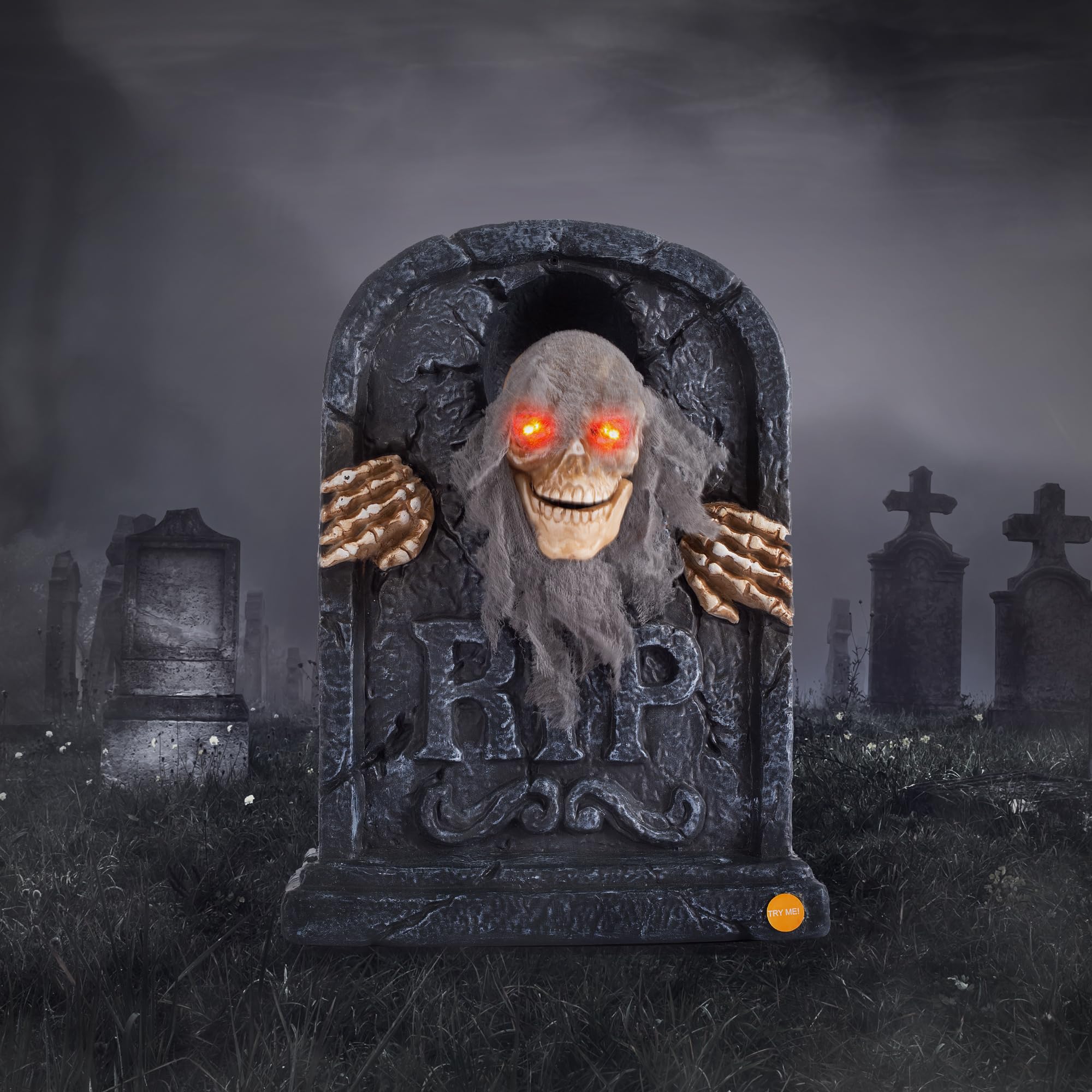 ELAMAS Animated Zombie Tombstone front view with skull decoration