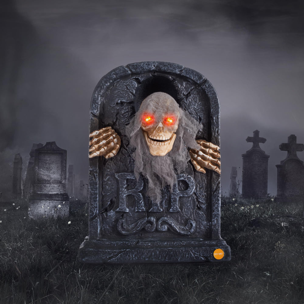 ELAMAS Animated Zombie Tombstone front view with skull decoration