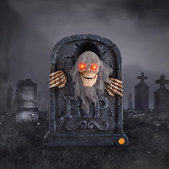 ELAMAS Animated Zombie Tombstone front view with skull decoration
